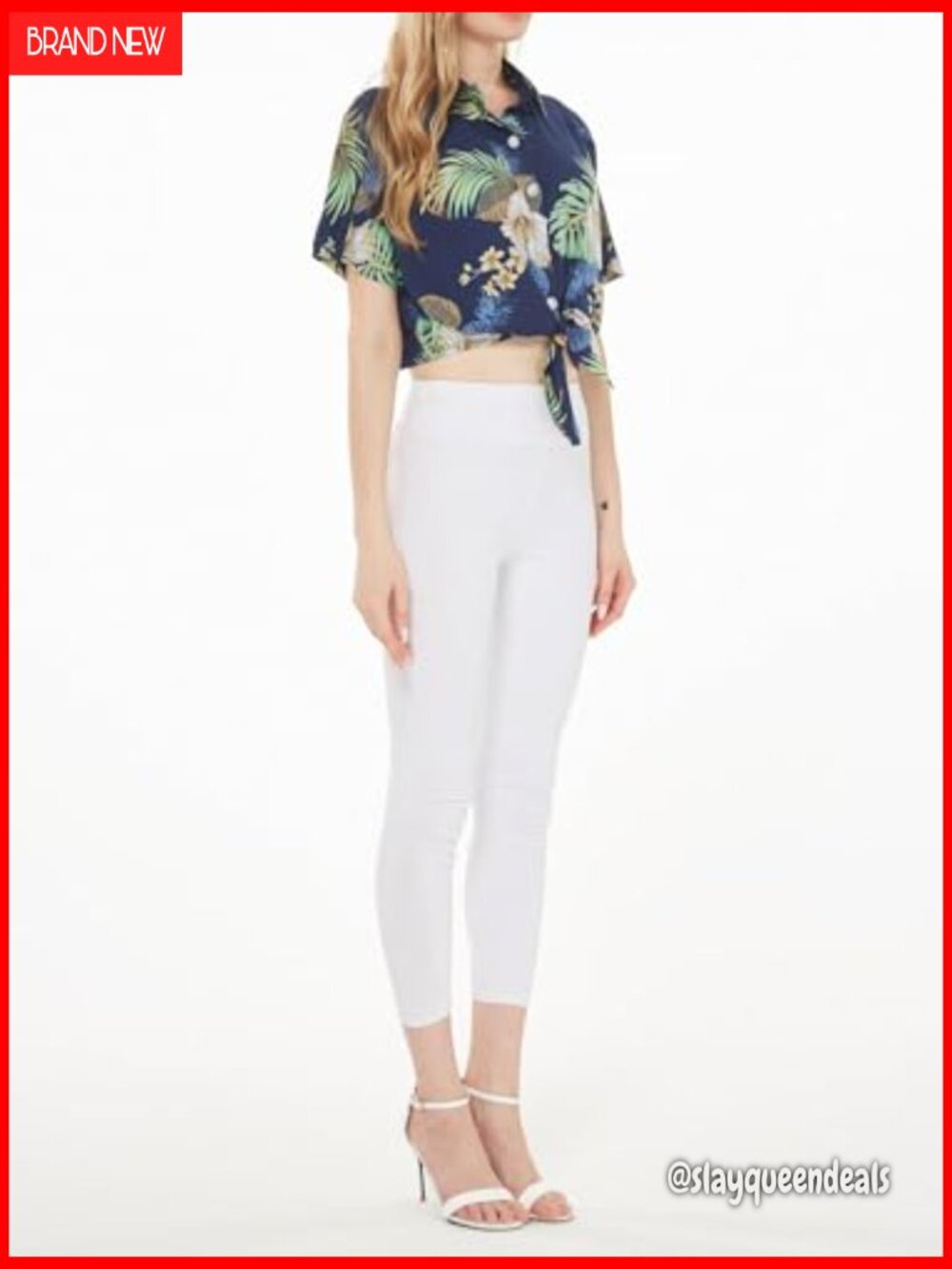 Printed Button Down Crop Top - Short Sleeve Blouse with Tie-Up Front - Picture 5 of 6